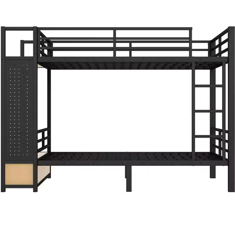 Full/Queen Size Metal Bunk Bed with Hanging Rod, Storage Shelves ,Drawers & Pegboard, Black - ModernLuxe