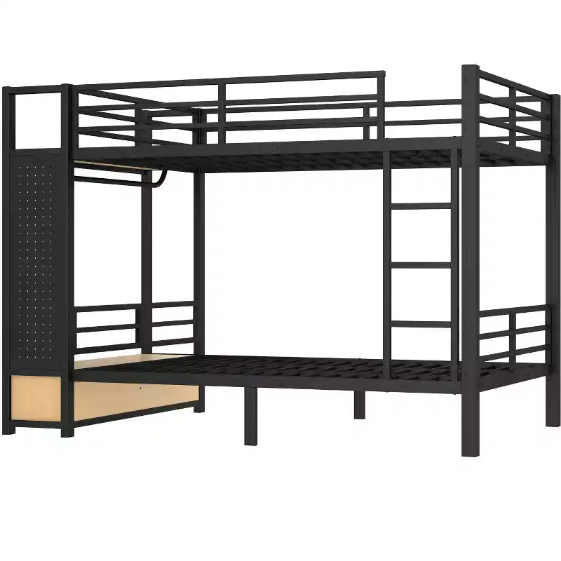 Full/Queen Size Metal Bunk Bed with Hanging Rod, Storage Shelves ,Drawers & Pegboard, Black - ModernLuxe