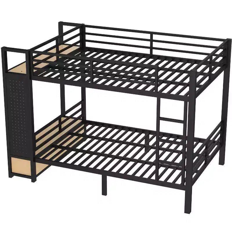 Full/Queen Size Metal Bunk Bed with Hanging Rod, Storage Shelves ,Drawers & Pegboard, Black - ModernLuxe