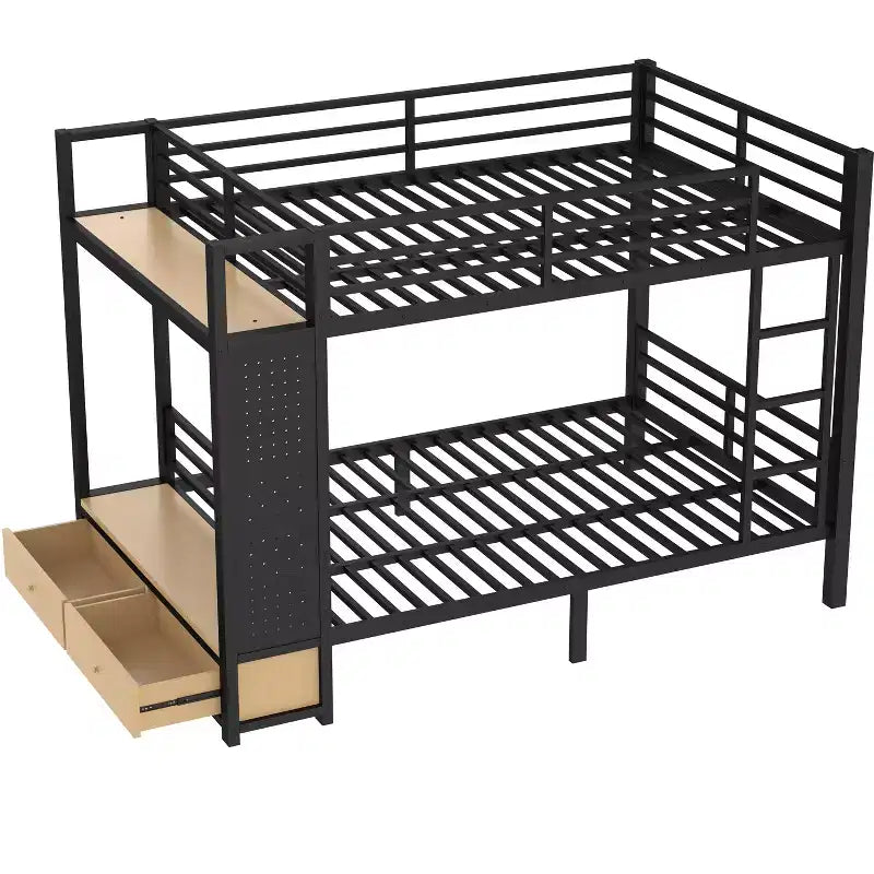 Full/Queen Size Metal Bunk Bed with Hanging Rod, Storage Shelves ,Drawers & Pegboard, Black - ModernLuxe