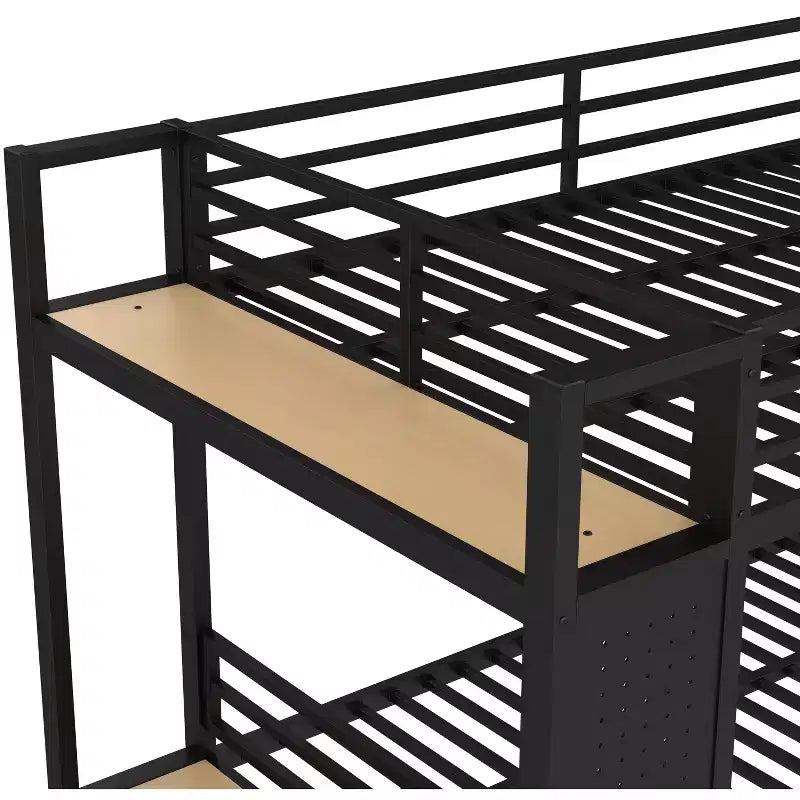 Full/Queen Size Metal Bunk Bed with Hanging Rod, Storage Shelves ,Drawers & Pegboard, Black - ModernLuxe