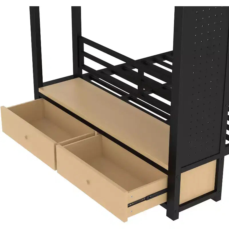 Full/Queen Size Metal Bunk Bed with Hanging Rod, Storage Shelves ,Drawers & Pegboard, Black - ModernLuxe