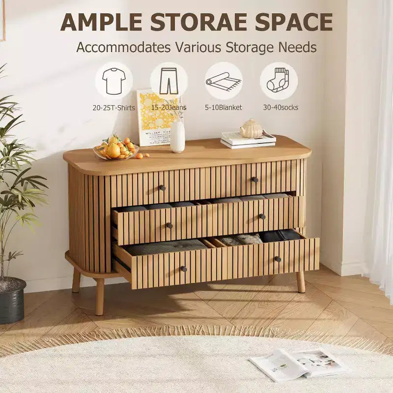 6 Drawer Dresser, Horizontal Chests of Double Drawers for Bedroom, Mid Century Dresser w/Wooden Legs, Storage Drawer Organizer for Closet, Hallway