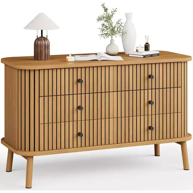 6 Drawer Dresser, Horizontal Chests of Double Drawers for Bedroom, Mid Century Dresser w/Wooden Legs, Storage Drawer Organizer for Closet, Hallway