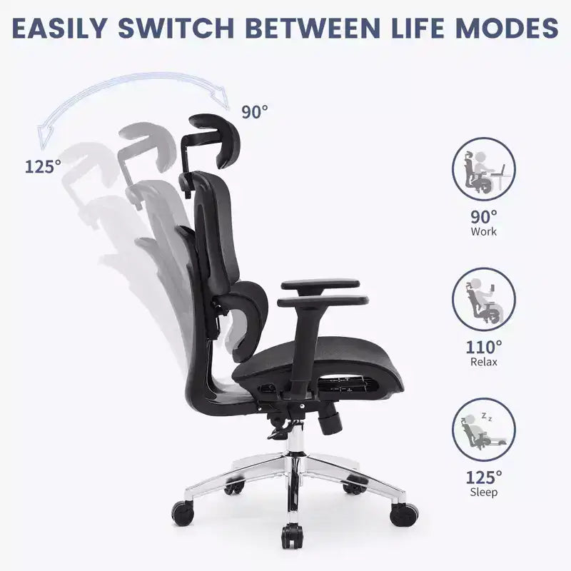 Ergonomic High Back Mesh Office Chair With Adaptive Lumbar Support for Home - Black
