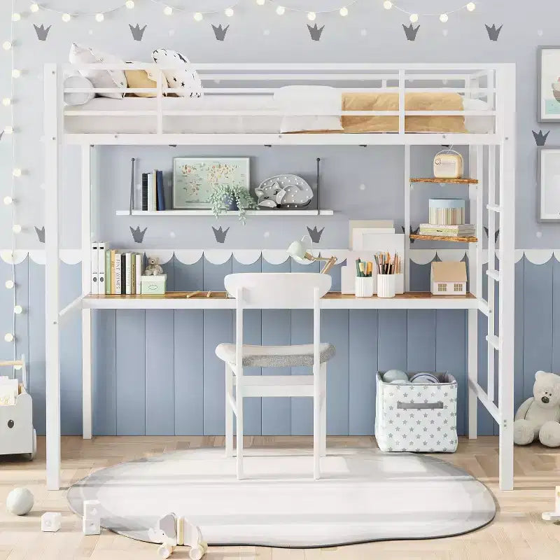 Twin Size Loft Bed with Large Desk and Storage Shelves, Heavy Duty Metal Loft Bed with Safety Guardrail and Ladder, Steel Slats Support, Space Saving