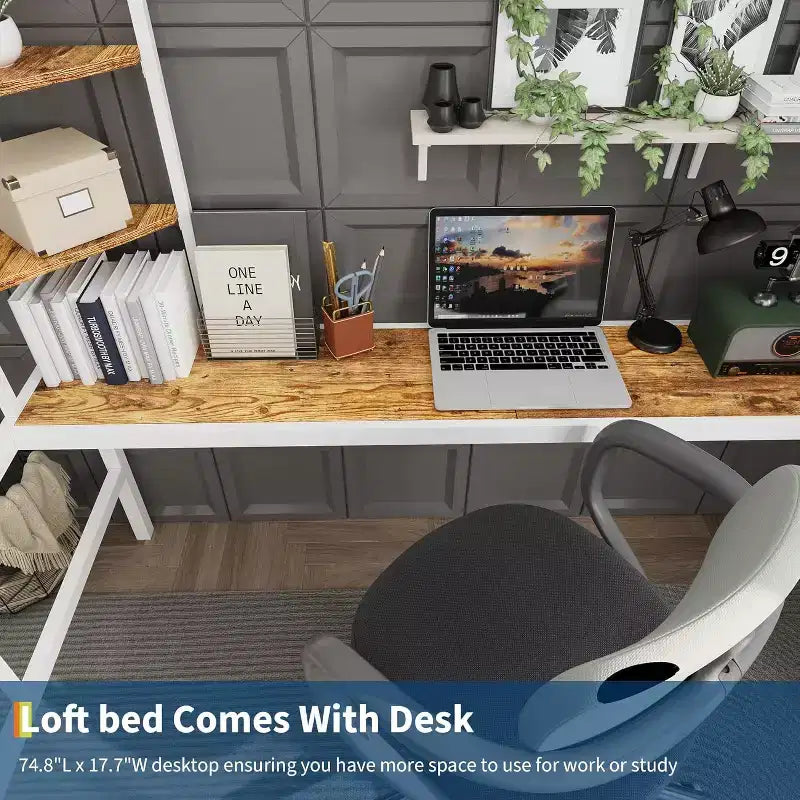 Twin Size Loft Bed with Large Desk and Storage Shelves, Heavy Duty Metal Loft Bed with Safety Guardrail and Ladder, Steel Slats Support, Space Saving