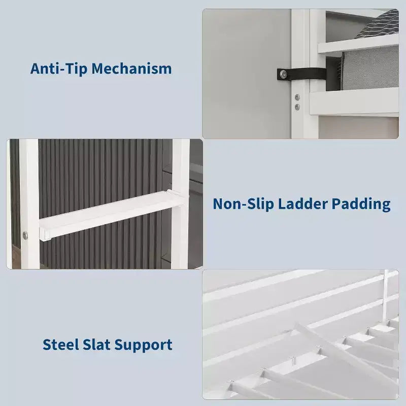 Twin Size Loft Bed with Large Desk and Storage Shelves, Heavy Duty Metal Loft Bed with Safety Guardrail and Ladder, Steel Slats Support, Space Saving