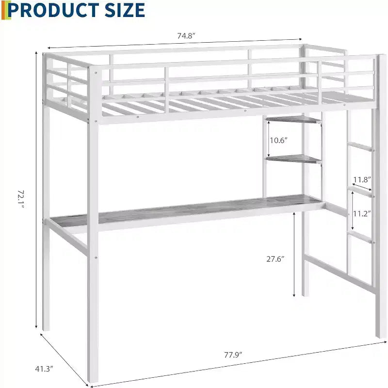 Twin Size Loft Bed with Large Desk and Storage Shelves, Heavy Duty Metal Loft Bed with Safety Guardrail and Ladder, Steel Slats Support, Space Saving