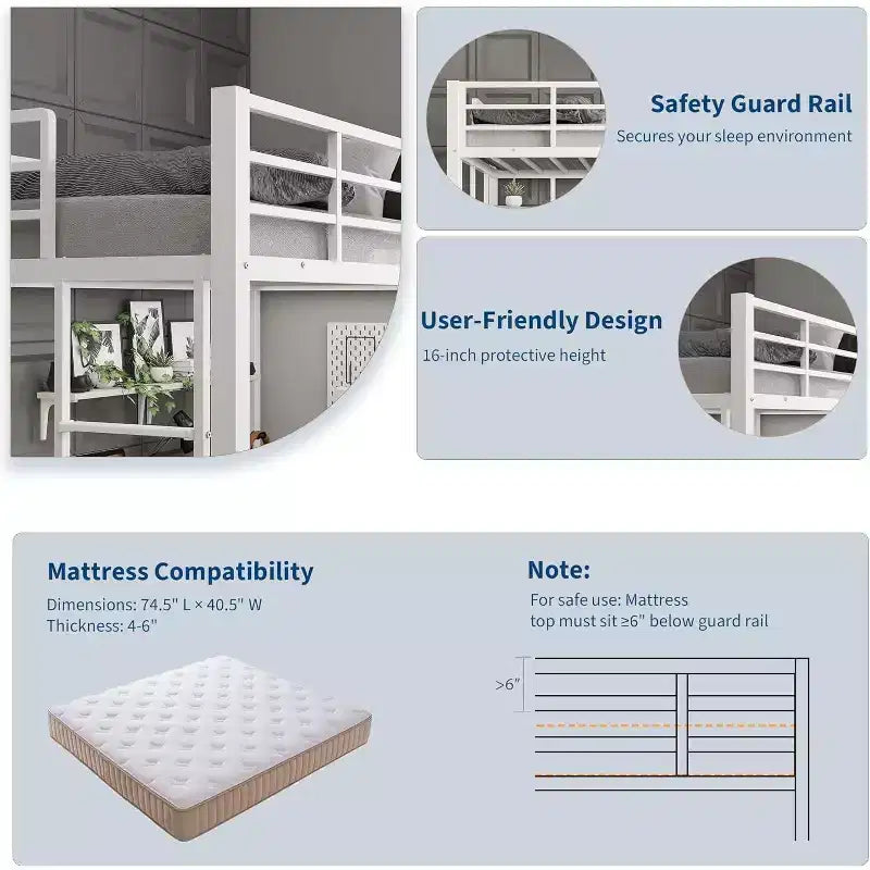 Twin Size Loft Bed with Large Desk and Storage Shelves, Heavy Duty Metal Loft Bed with Safety Guardrail and Ladder, Steel Slats Support, Space Saving