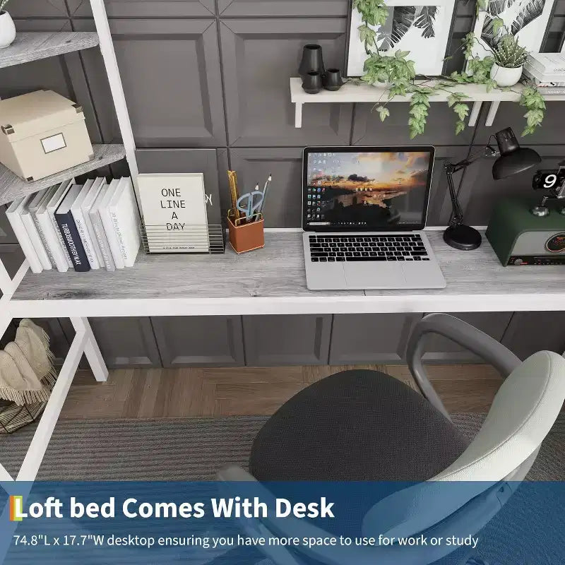 Twin Size Loft Bed with Large Desk and Storage Shelves, Heavy Duty Metal Loft Bed with Safety Guardrail and Ladder, Steel Slats Support, Space Saving