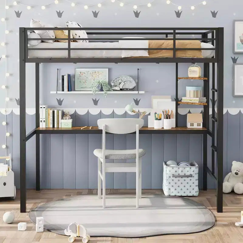 Twin Size Loft Bed with Large Desk and Storage Shelves, Heavy Duty Metal Loft Bed with Safety Guardrail and Ladder, Steel Slats Support, Space Saving