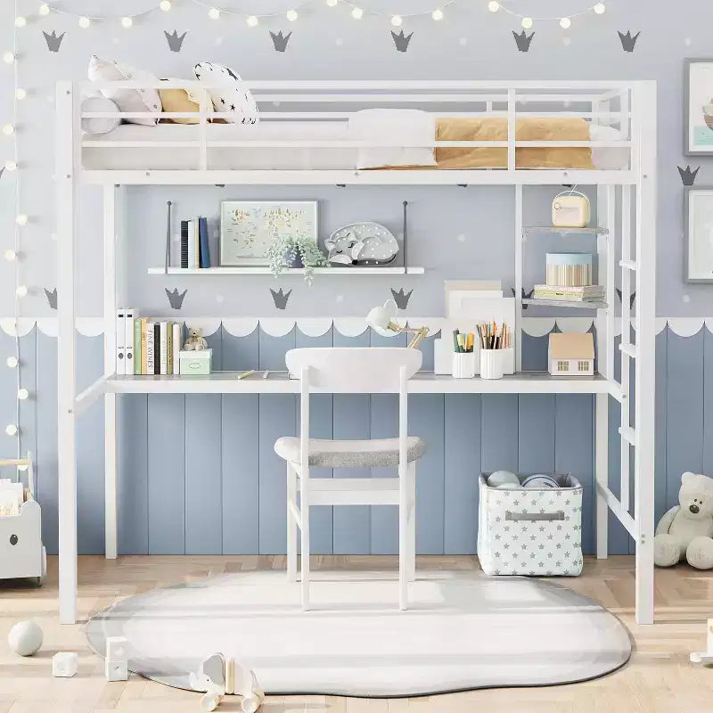 Twin Size Loft Bed with Large Desk and Storage Shelves, Heavy Duty Metal Loft Bed with Safety Guardrail and Ladder, Steel Slats Support, Space Saving
