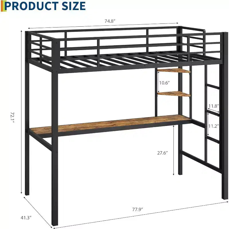 Twin Size Loft Bed with Large Desk and Storage Shelves, Heavy Duty Metal Loft Bed with Safety Guardrail and Ladder, Steel Slats Support, Space Saving