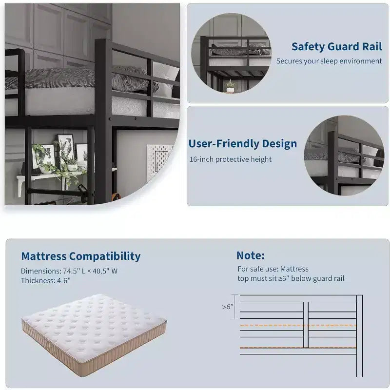 Twin Size Loft Bed with Large Desk and Storage Shelves, Heavy Duty Metal Loft Bed with Safety Guardrail and Ladder, Steel Slats Support, Space Saving