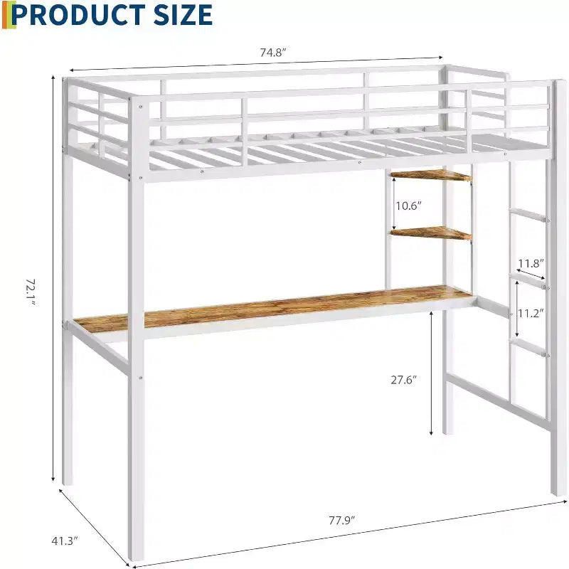 Twin Size Loft Bed with Large Desk and Storage Shelves, Heavy Duty Metal Loft Bed with Safety Guardrail and Ladder, Steel Slats Support, Space Saving