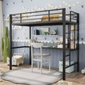 Twin Size Loft Bed with Large Desk and Storage Shelves, Heavy Duty Metal Loft Bed with Safety Guardrail and Ladder, Steel Slats Support, Space Saving