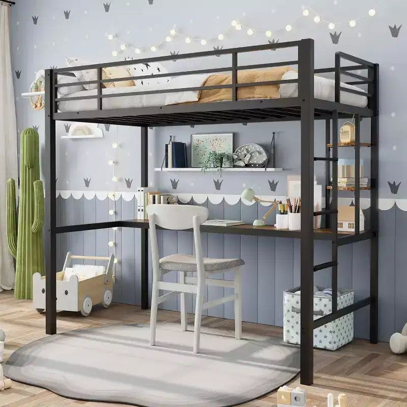 Twin Size Loft Bed with Large Desk and Storage Shelves, Heavy Duty Metal Loft Bed with Safety Guardrail and Ladder, Steel Slats Support, Space Saving
