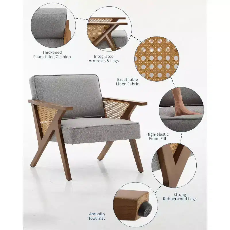 Acekool Mid-Century Rattan Arm Accent Chair , Wide Upholstered Armchair for Living Room or Bedroom