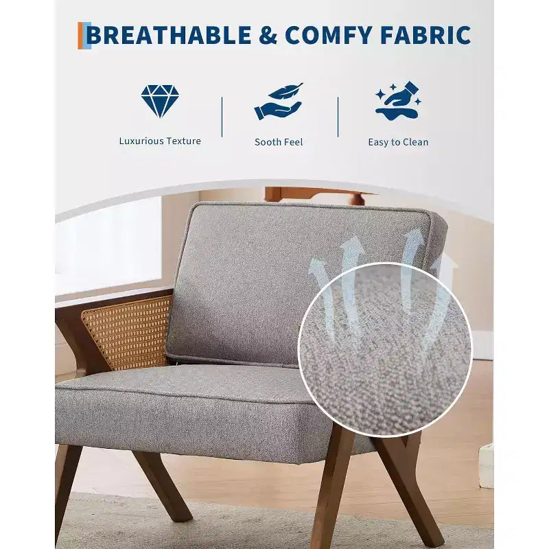 Acekool Mid-Century Rattan Arm Accent Chair , Wide Upholstered Armchair for Living Room or Bedroom