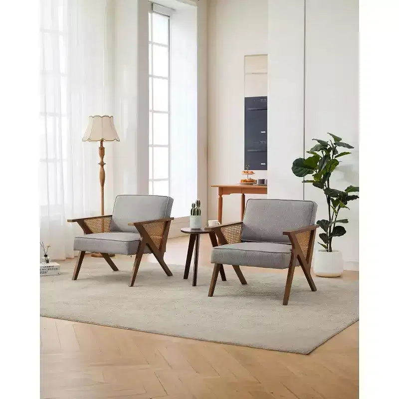 Acekool Mid-Century Rattan Arm Accent Chair , Wide Upholstered Armchair for Living Room or Bedroom