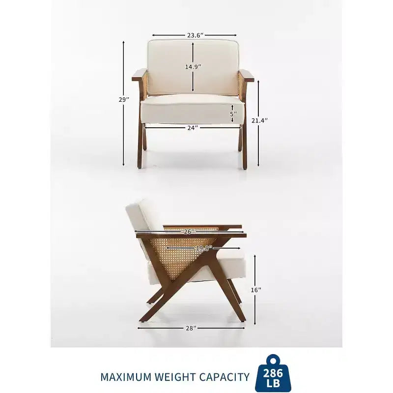 Acekool Mid-Century Rattan Arm Accent Chair , Wide Upholstered Armchair for Living Room or Bedroom