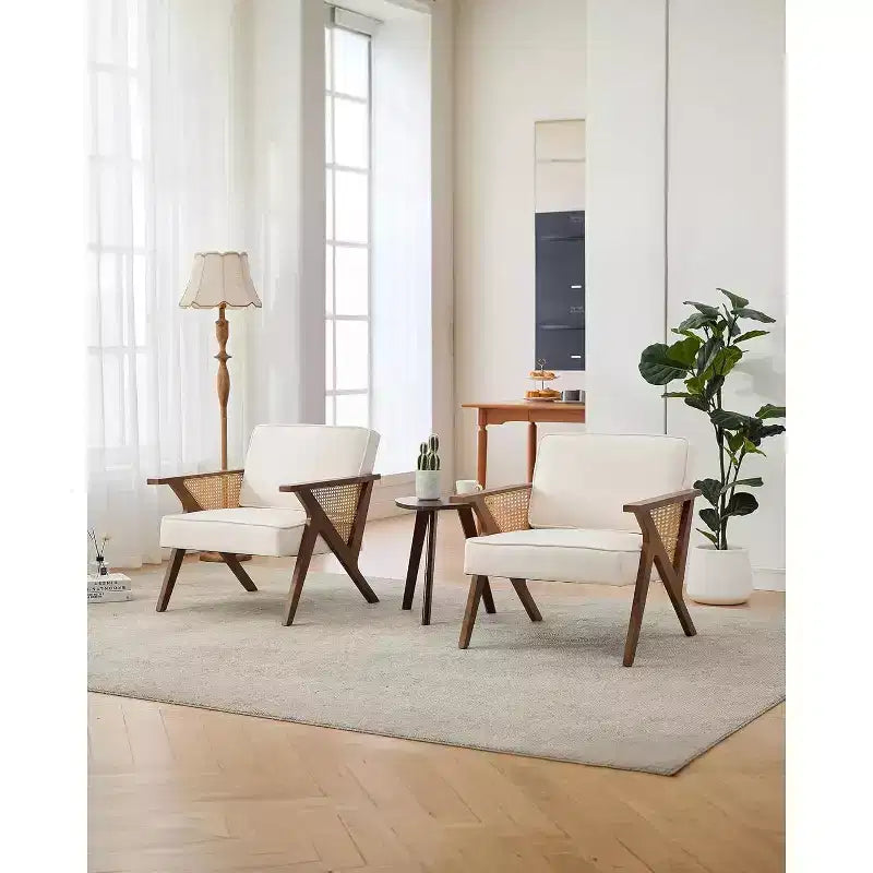 Acekool Mid-Century Rattan Arm Accent Chair , Wide Upholstered Armchair for Living Room or Bedroom