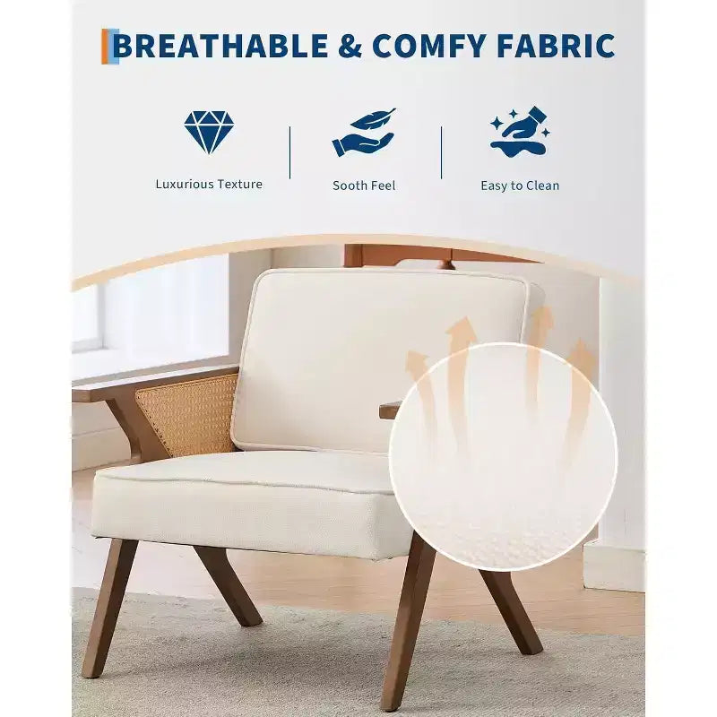 Acekool Mid-Century Rattan Arm Accent Chair , Wide Upholstered Armchair for Living Room or Bedroom