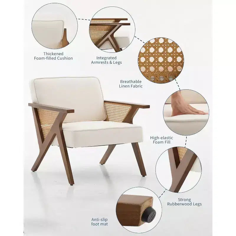Acekool Mid-Century Rattan Arm Accent Chair , Wide Upholstered Armchair for Living Room or Bedroom