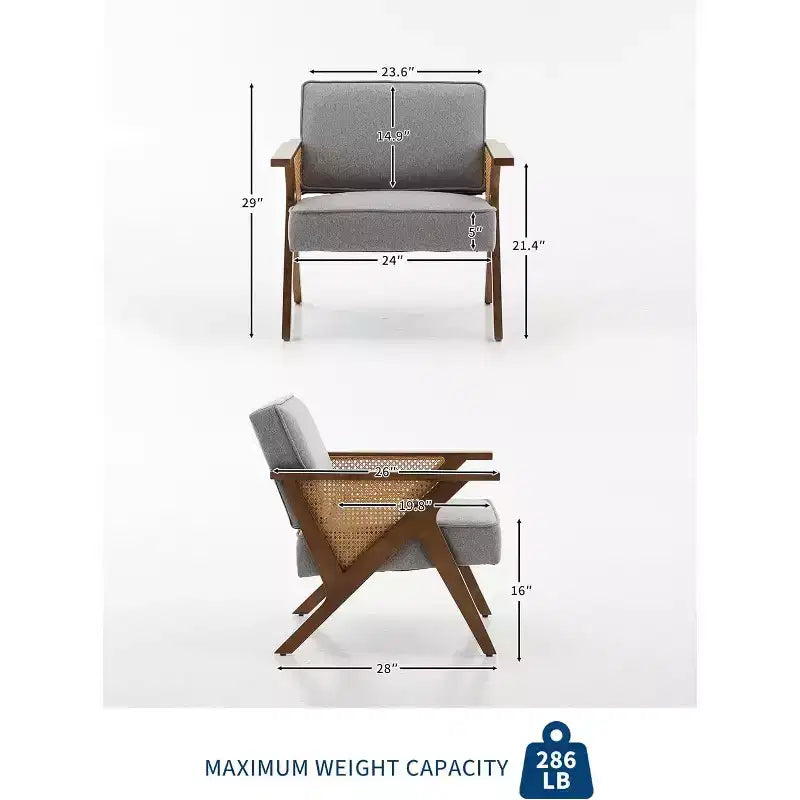 Acekool Mid-Century Rattan Arm Accent Chair , Wide Upholstered Armchair for Living Room or Bedroom