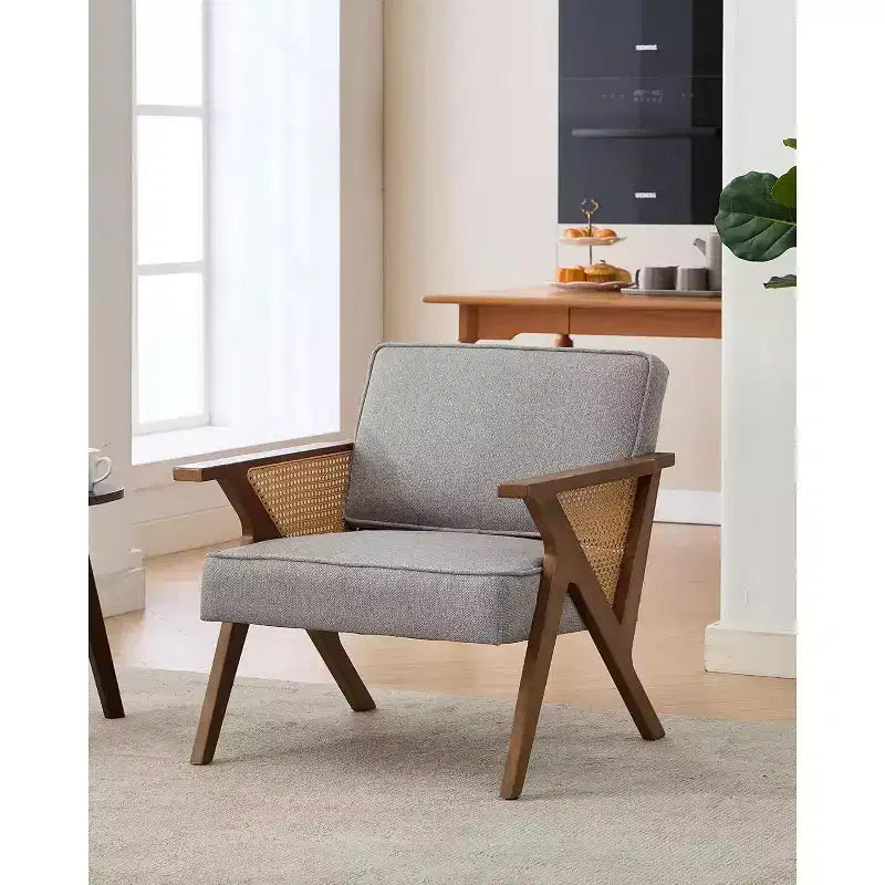Acekool Mid-Century Rattan Arm Accent Chair , Wide Upholstered Armchair for Living Room or Bedroom