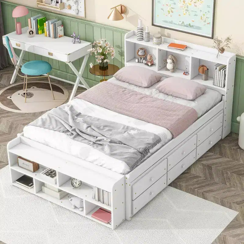 Full Bed with Bookcase Headboard, Under bed Storage Drawers and Bed End Storage Case,White