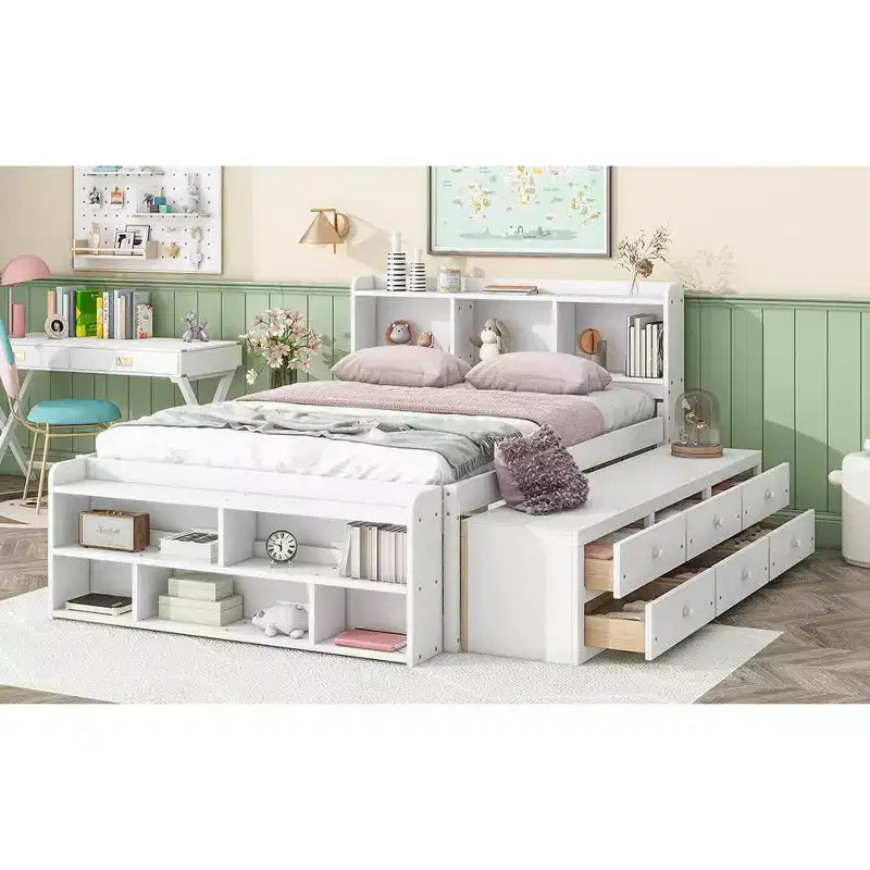Full Bed with Bookcase Headboard, Under bed Storage Drawers and Bed End Storage Case,White