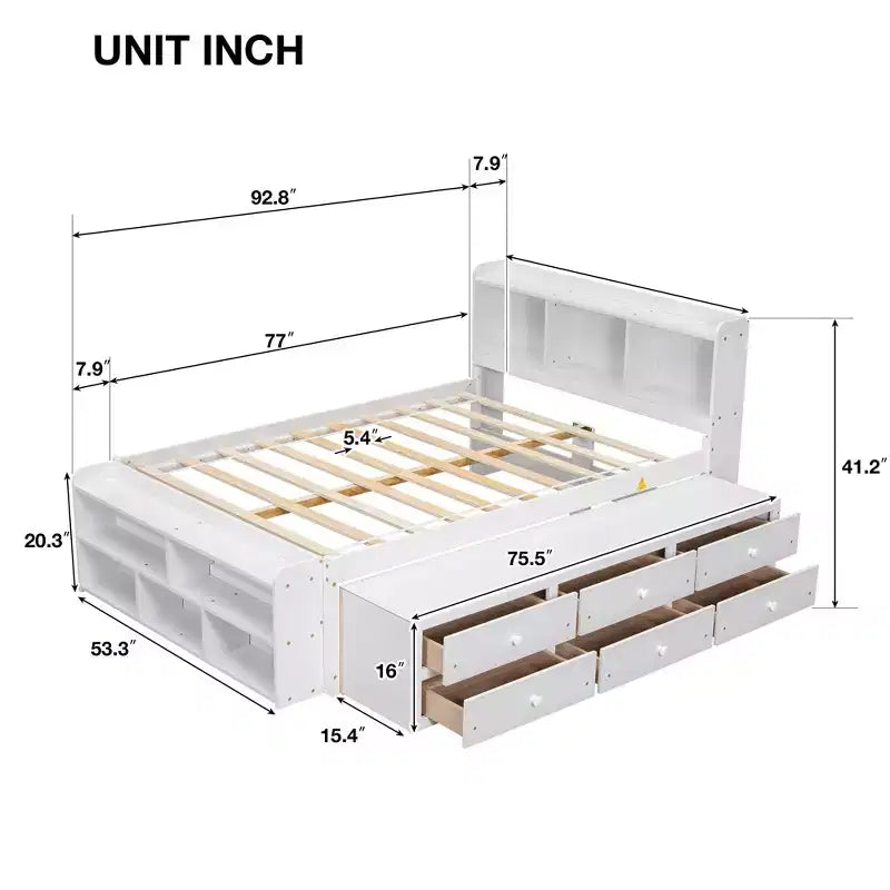 Full Bed with Bookcase Headboard, Under bed Storage Drawers and Bed End Storage Case,White
