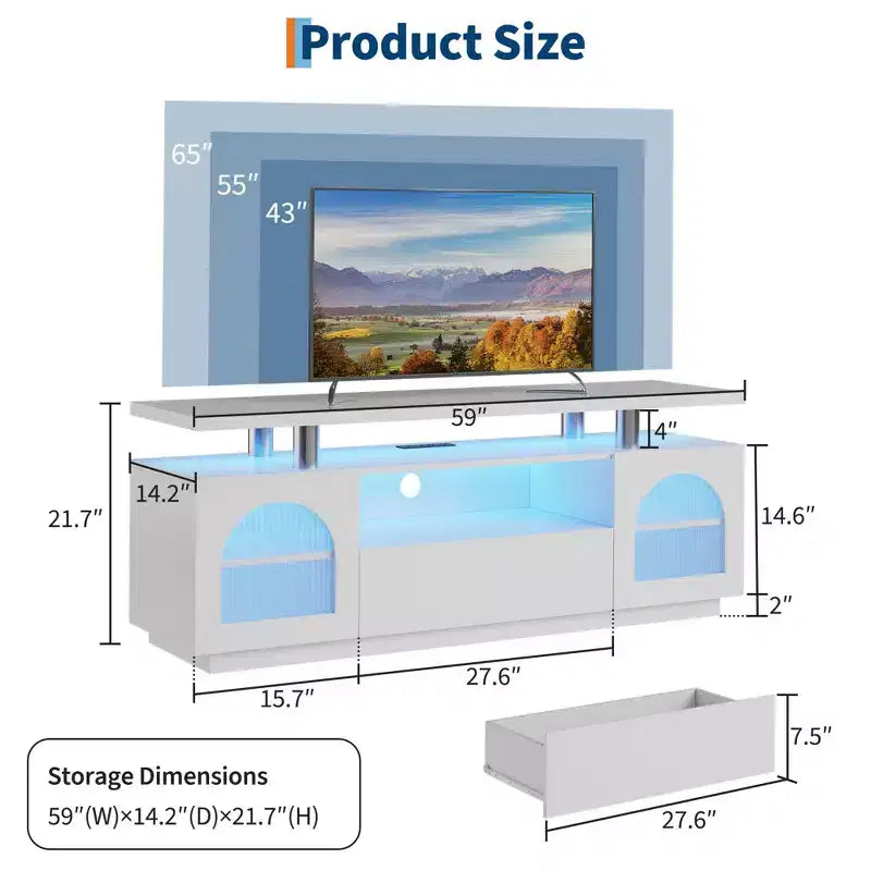 TV Stand for 65 inch TV, Modern Entertainment Center with Power Outlets and Led, Media Console with Large Drawer and Adjustable Shelves
