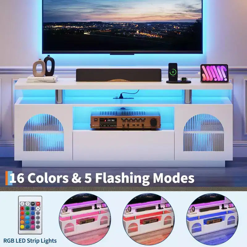 TV Stand for 65 inch TV, Modern Entertainment Center with Power Outlets and Led, Media Console with Large Drawer and Adjustable Shelves