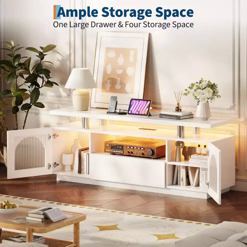 TV Stand for 65 inch TV, Modern Entertainment Center with Power Outlets and Led, Media Console with Large Drawer and Adjustable Shelves