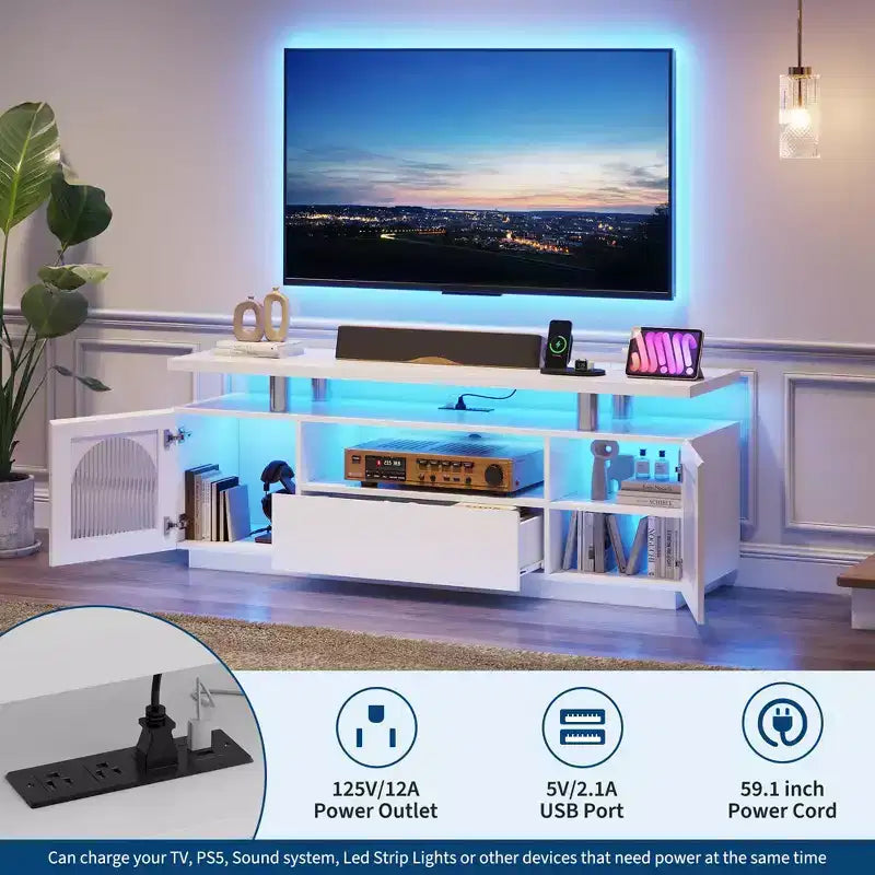 TV Stand for 65 inch TV, Modern Entertainment Center with Power Outlets and Led, Media Console with Large Drawer and Adjustable Shelves