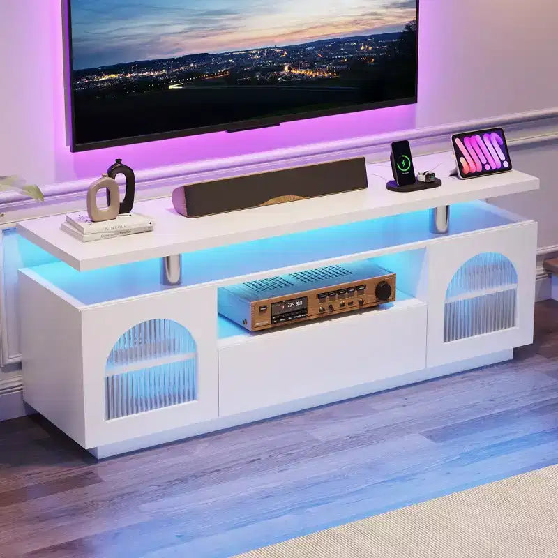 TV Stand for 65 inch TV, Modern Entertainment Center with Power Outlets and Led, Media Console with Large Drawer and Adjustable Shelves