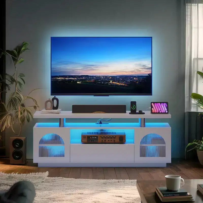 TV Stand for 65 inch TV, Modern Entertainment Center with Power Outlets and Led, Media Console with Large Drawer and Adjustable Shelves