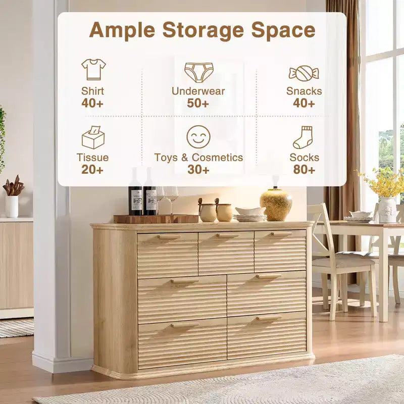 GDFStudio Naero 52'' Modern Wooden 7-Drawer Fluted Dresser with Curved Design