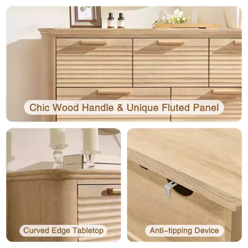 GDFStudio Naero 52'' Modern Wooden 7-Drawer Fluted Dresser with Curved Design