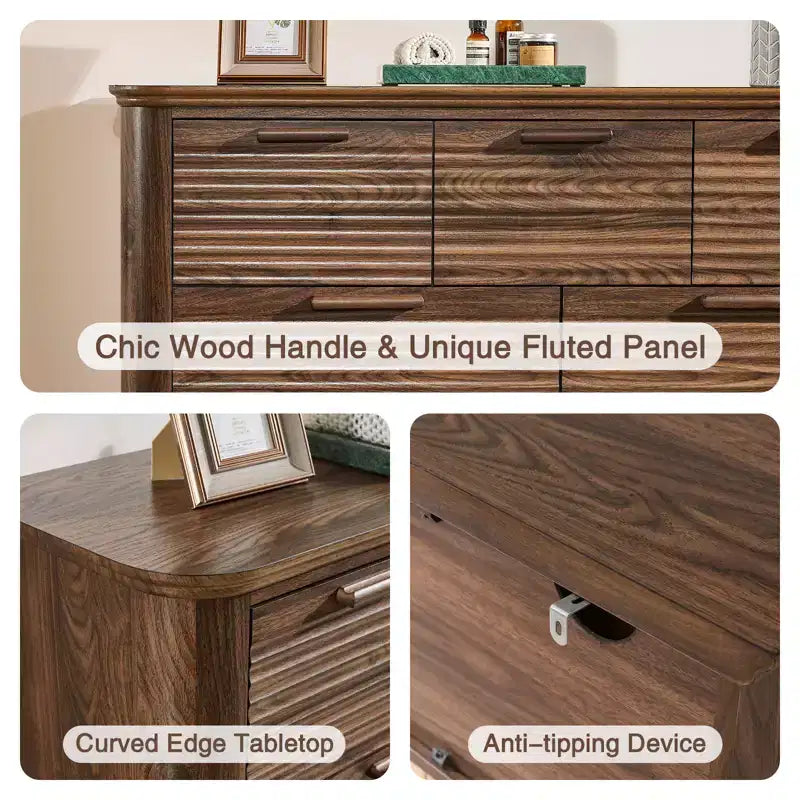 GDFStudio Naero 52'' Modern Wooden 7-Drawer Fluted Dresser with Curved Design