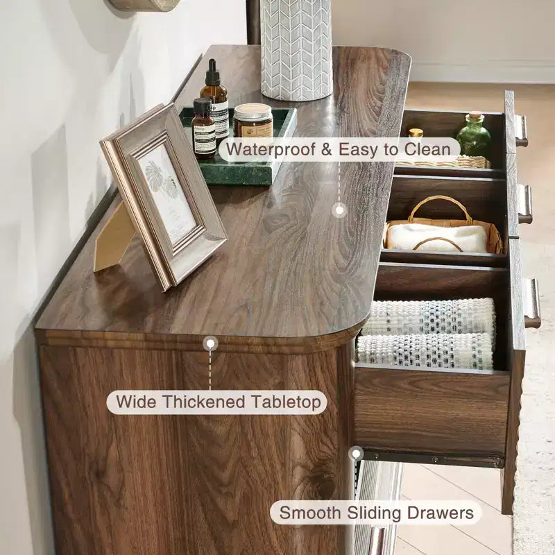 GDFStudio Naero 52'' Modern Wooden 7-Drawer Fluted Dresser with Curved Design