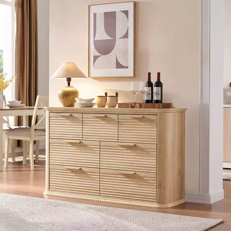 GDFStudio Naero 52'' Modern Wooden 7-Drawer Fluted Dresser with Curved Design