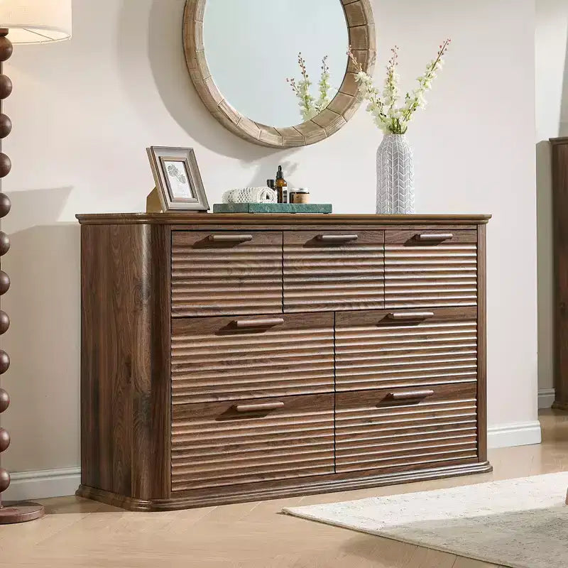 GDFStudio Naero 52'' Modern Wooden 7-Drawer Fluted Dresser with Curved Design