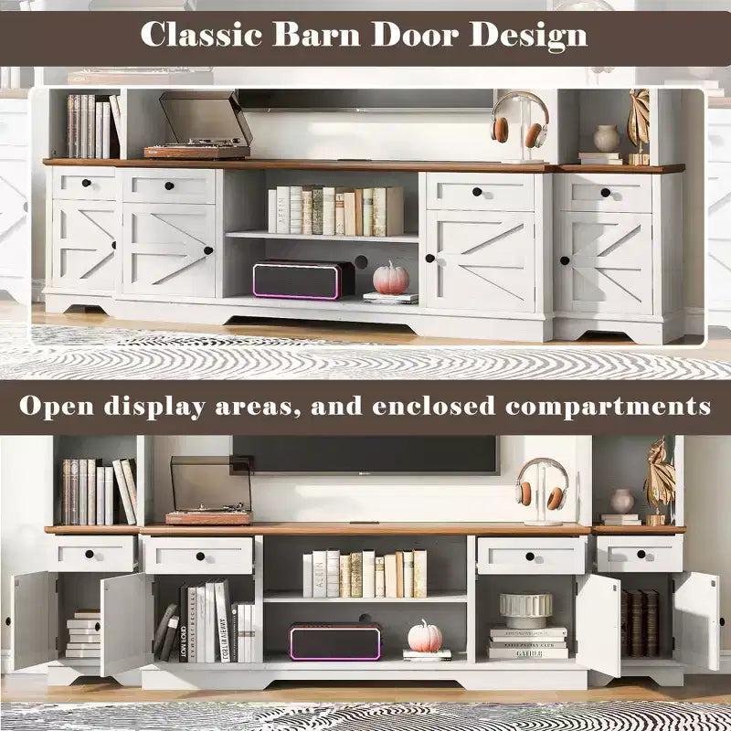 Farmhouse Wall Unit Entertainment Center, TV Stand Fits Up to 80 TVs, Media Console with Barn Doors & Adjustable Shelves - ModernLuxe