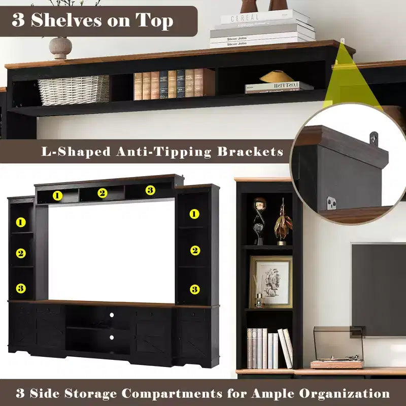 Farmhouse Wall Unit Entertainment Center, TV Stand Fits Up to 80 TVs, Media Console with Barn Doors & Adjustable Shelves - ModernLuxe