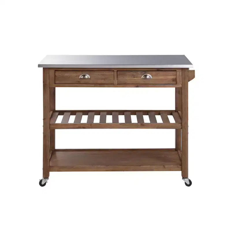 Sonoma Kitchen Cart with Stainless Steel Top Wire Brush Barnwood Brown - Boraam: Mid-Century Modern, 2 Drawers, 2 Shelves