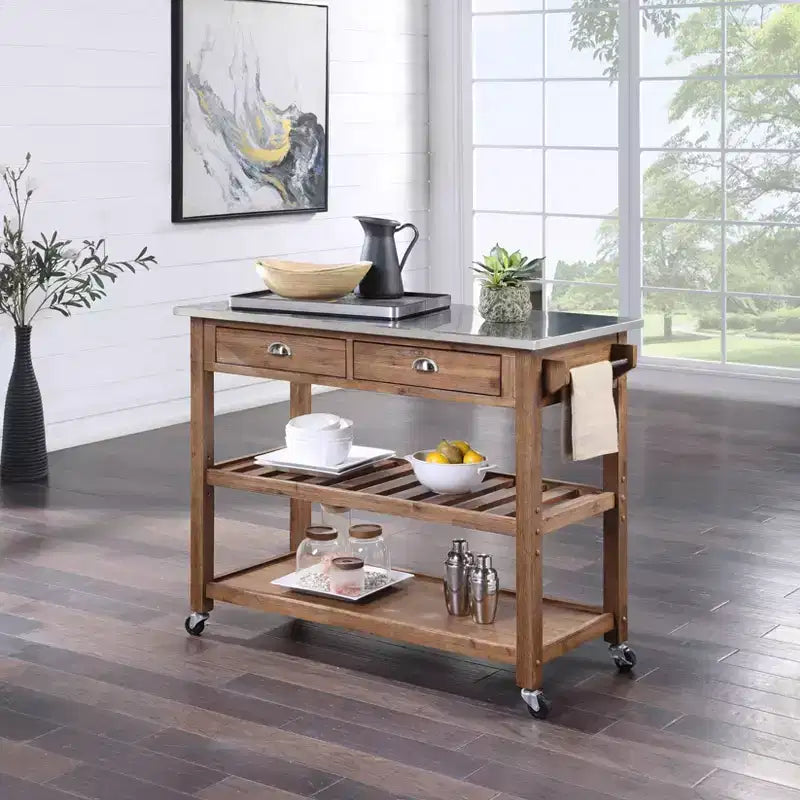Sonoma Kitchen Cart with Stainless Steel Top Wire Brush Barnwood Brown - Boraam: Mid-Century Modern, 2 Drawers, 2 Shelves